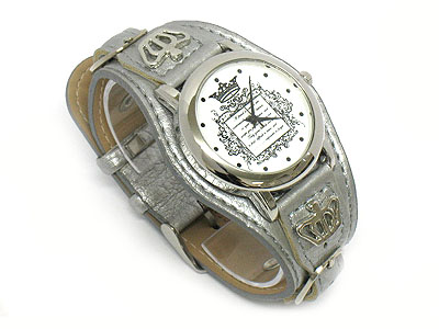 Designer inspired crown amblem background double buckle belt leather band watch