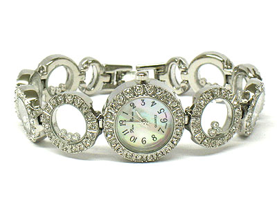 Crystal edged and mother of pearl face and crystal ring band watch - crystal floating inside