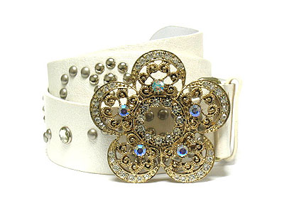 Crystal flower buckle and metal stud belt