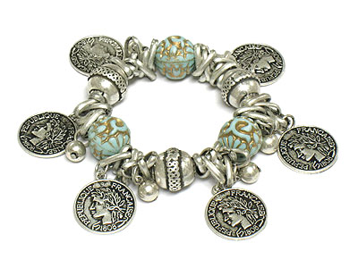 Antique style coin charm stretch bracelet