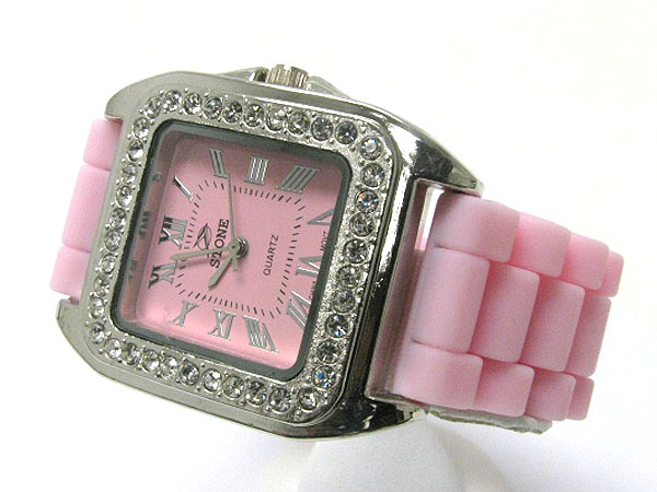 Crystal stud square face rubber band watch