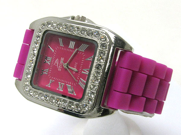 Crystal stud square face rubber band watch