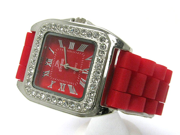 Crystal stud square face rubber band watch