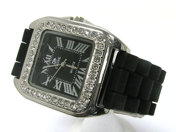 Crystal stud square face rubber band watch