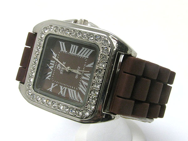 Crystal stud square face rubber band watch