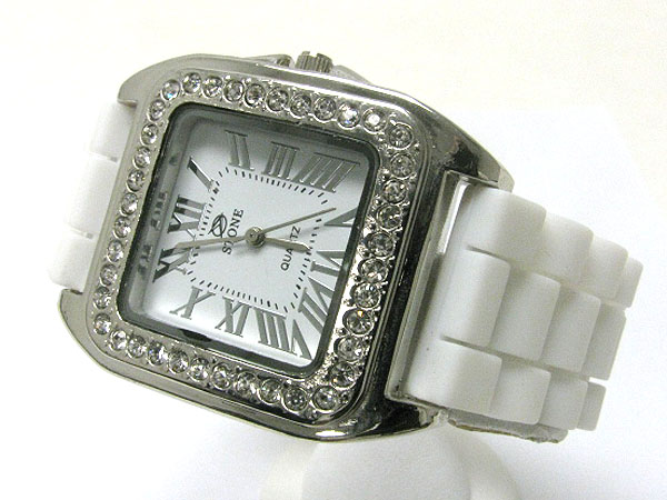 Crystal stud square face rubber band watch