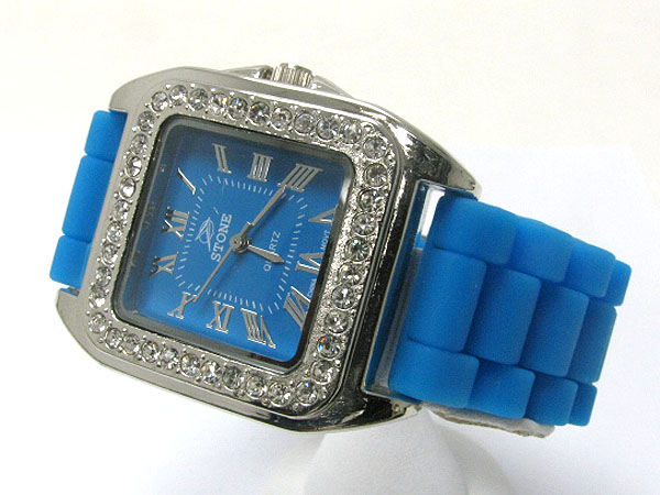 Crystal stud square face rubber band watch