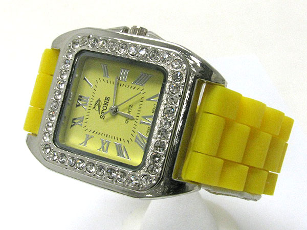 Crystal stud square face rubber band watch