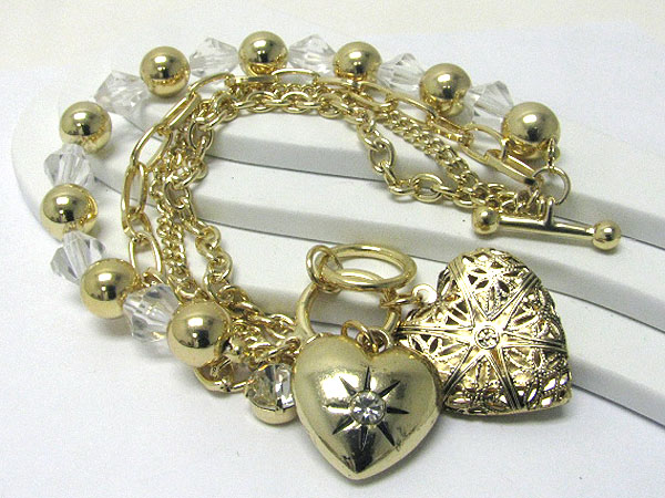 Filigree metal heart charm dangle metal and ball mix bracelet