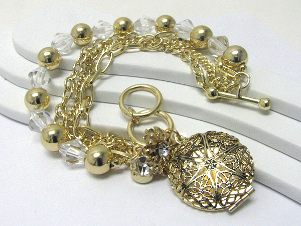 Filigree metal locket dangle metal ball mix bracelet