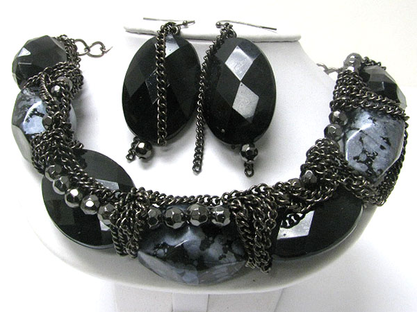 Facet acryl chunky beads and metal chain tangle neckalce earring set