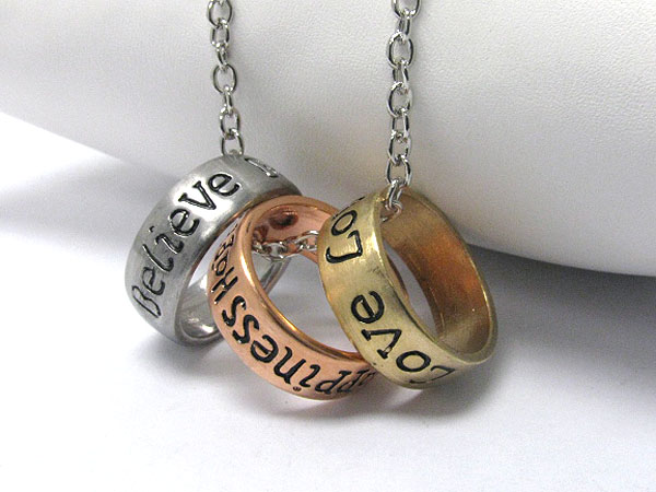 Tri metal ring necklace - love happiness believe