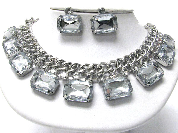 Rectangle glass stone dangle and chain necklace earring set