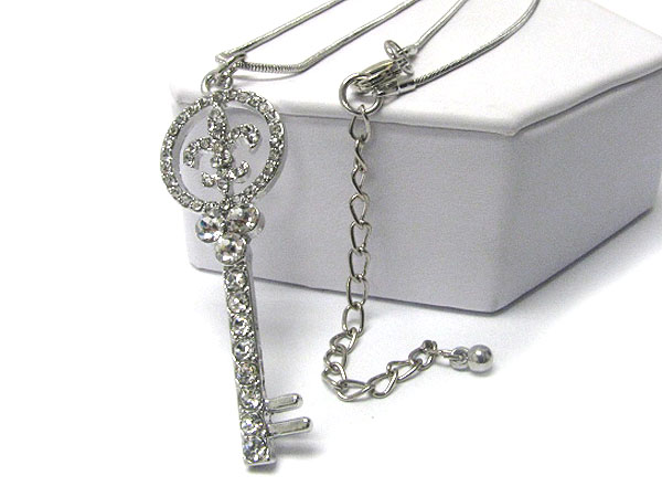 Crystal stud fleur de lis deco key pendant necklace