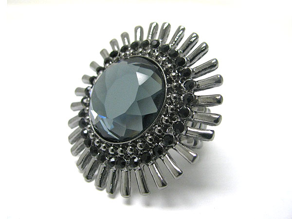 Facet glass stone and crystal deco sun shape stretch ring