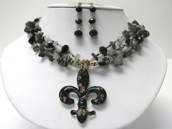 Murano glass fleur de lis pendant natural chip stone necklace earring set