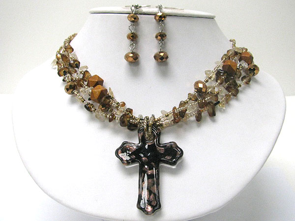 Murano glass cross pendant natural chip stone necklace earring set