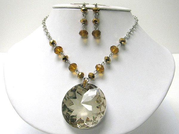 Facet large glass round metal necklace earrign set