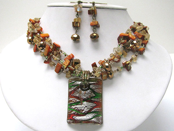 Murano glass pendant natural chip stone necklace earring set