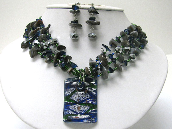 Murano glass pendant natural chip stone necklace earring set