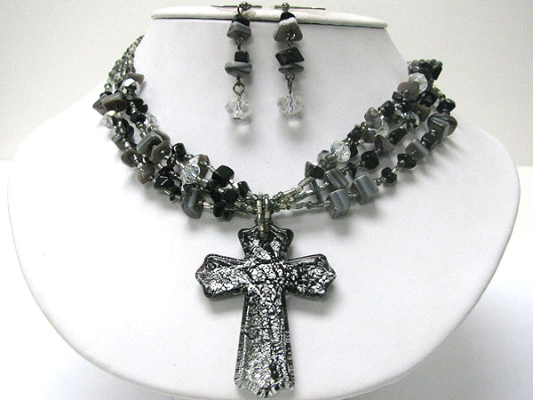 Murano glass cross pendant natural chip stone necklace earring set