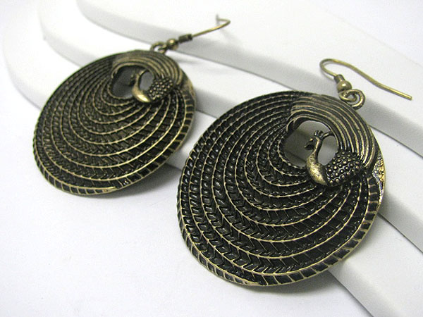 Burnish metal peacock textured round disk earring