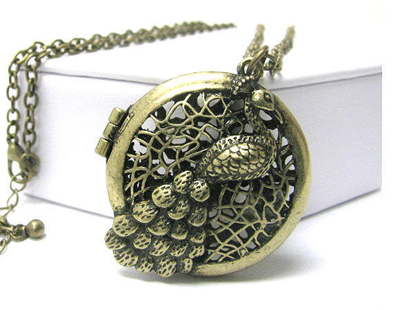 Burnish metal peacock textured round locket pendant long necklace