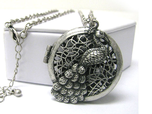 Burnish metal peacock textured round locket pendant long necklace