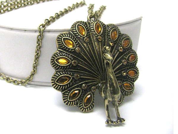 Burnish metal crystal stud peacock pendant long necklace