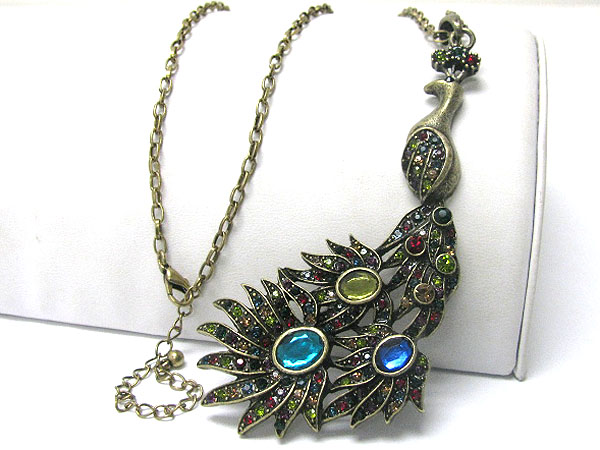 Burnish metal crystal stud peacock pendant long necklace