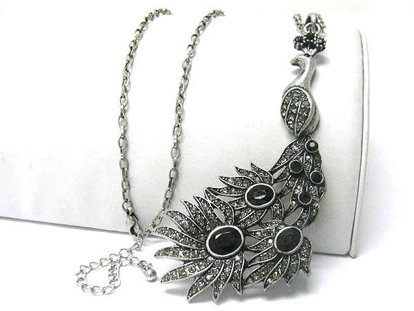 Burnish metal crystal stud peacock pendant long necklace