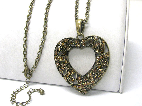 Burnish metal crystal stud heart pendant long necklace