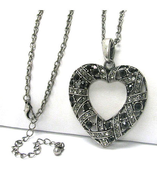 Burnish metal crystal stud heart pendant long necklace