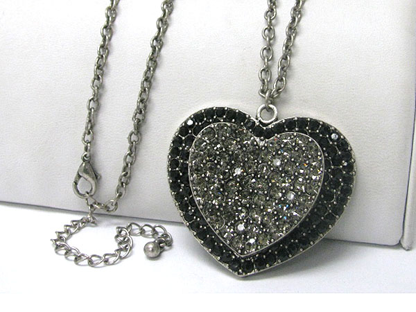 Burnish metal crystal stud double layer heart pendant long necklace