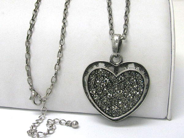 Burnish metal crystal stud  heart pendant long necklace