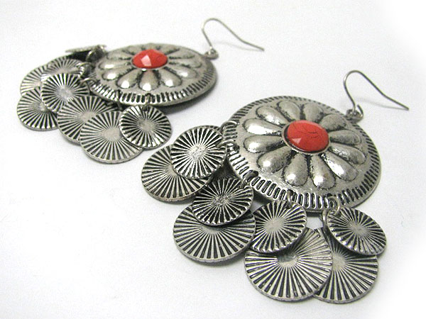 Ethnic style multi metal disk dangle round earring