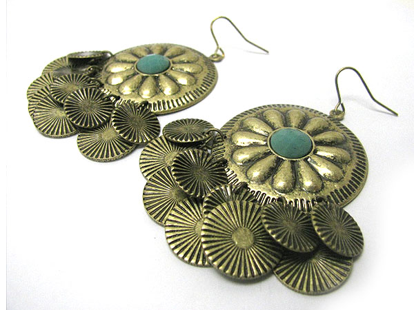 Ethnic style multi metal disk dangle round earring