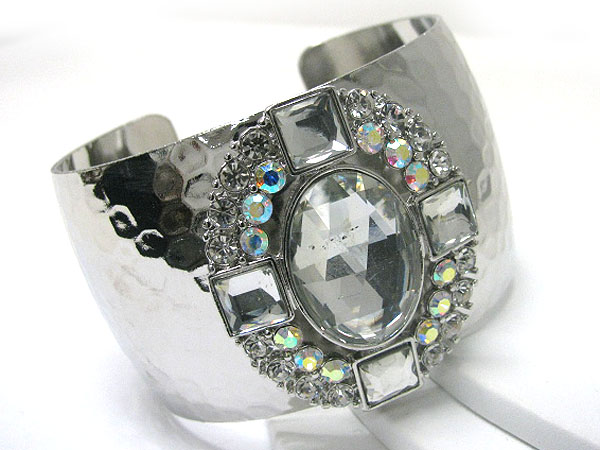 Crystal pearl and glass stone deco hammered metal cuff bangle