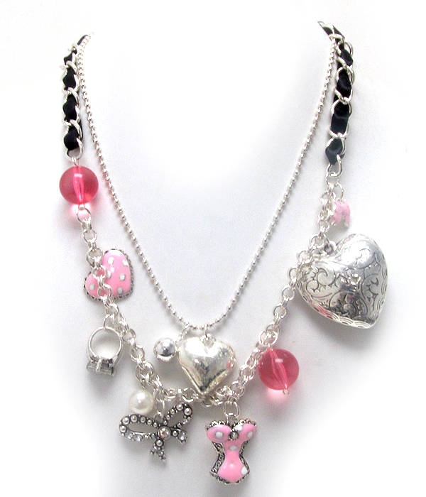 Designer style puff heart and epoxy corset and ribbon charm fabric chain necklace earring set