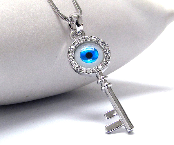 Made in korea whitegold plating crystal stud guardian evil eye key pendant necklace