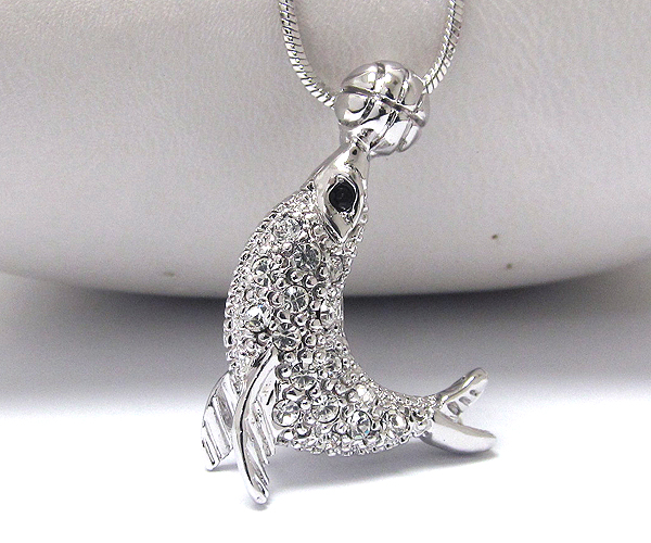 Whitegold palting crystal ball with seal necklace