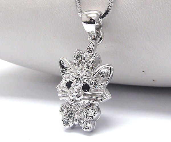 Made in korea whitegold plating crystal cat pendant necklace