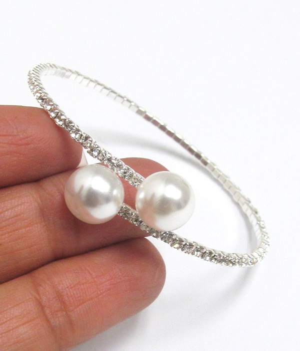 Rhinestone memory wire pearl bracelet