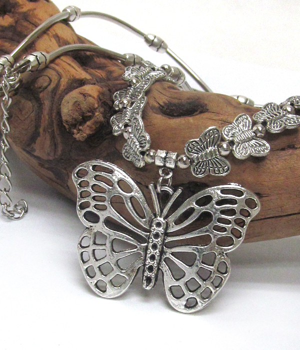 Tibetan silver metal butterfly with linked multi size butterflys necklace