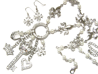 Crystal crown key fleur de lis dangle necklace