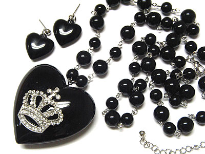 Crystal crown on epoxy heart necklace and earring set