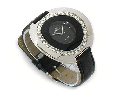 Ck style crystal curved round face leather band watch