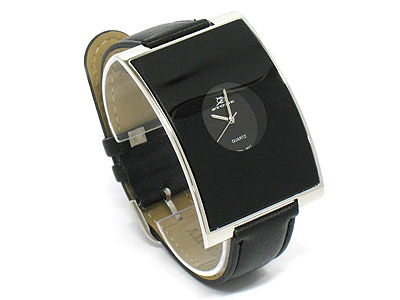 Ck style curved square face leather band watch