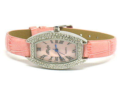 Crystal frame learther band watch