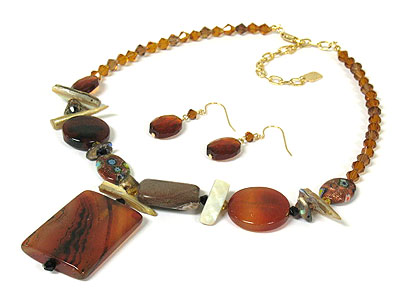 Natural regin beads semi precious stone and shell stick deco necklace and earring set